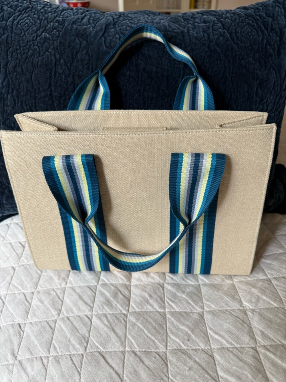 Cream Canvas Tote with Blue-Striped Handles